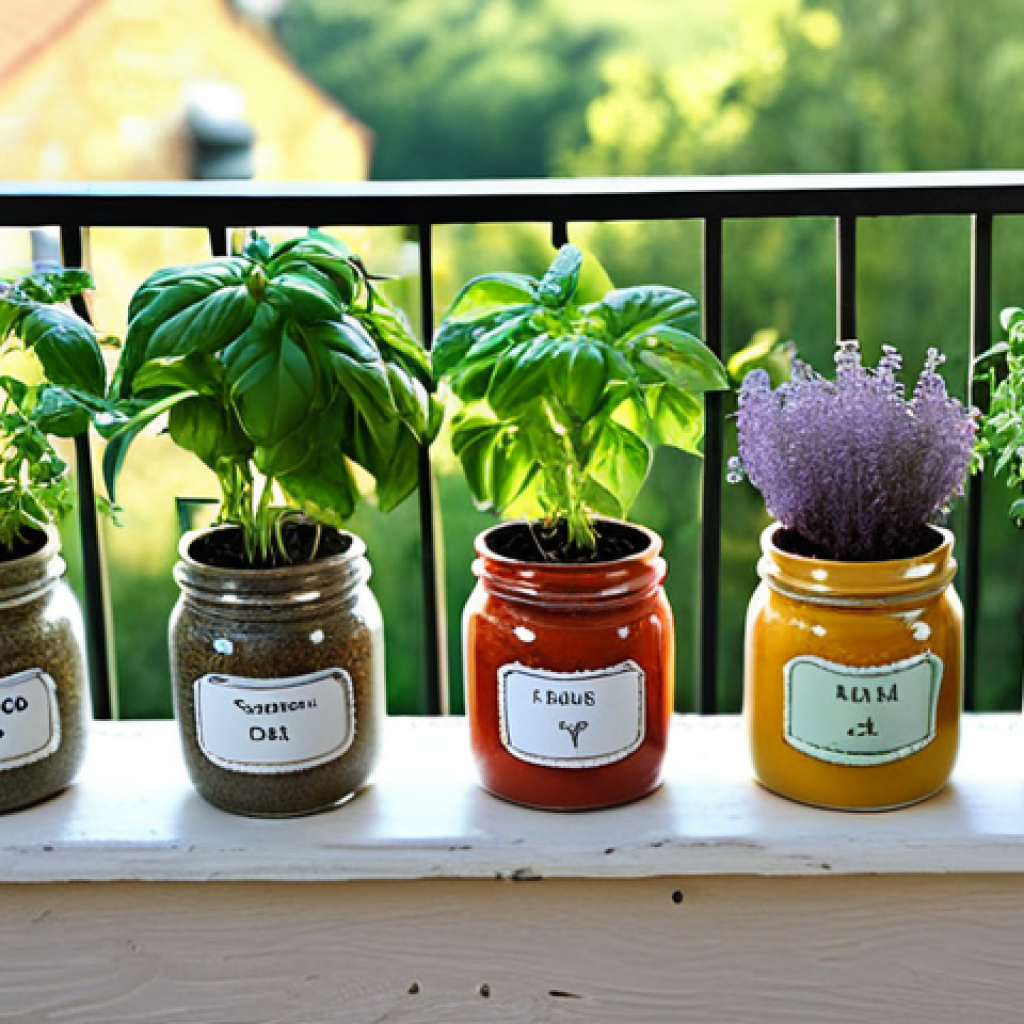 **

Prompt: "Stylish upcycled jam jars as herb planters on a balcony. Painted jars with labels, basil, thyme, oregano. Rustic, DIY, bright colors, sunny."

**