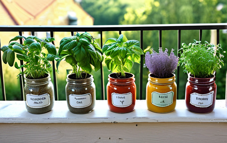 **

Prompt: "Stylish upcycled jam jars as herb planters on a balcony. Painted jars with labels, basil, thyme, oregano. Rustic, DIY, bright colors, sunny."

**