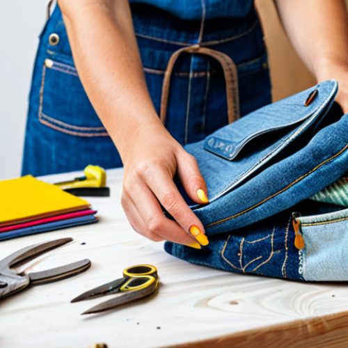Home 6 A focused female artisan, fully clothed in modest, comfortable work attire, meticulously working on an upcycling project in a brightly lit, organized home studio. She is transforming old denim fabric into a stylish, functional bag, with various colorful textile scraps and basic tools like scissors and a sewing machine visible on a clean wooden workbench. The setting highlights creativity and resourcefulness, showcasing the potential of discarded materials. The image features perfect anatomy, correct proportions, well-formed hands, proper finger count, and a natural pose. This is a professional, high-quality, safe for work, appropriate content, and family-friendly depiction of sustainable crafting.