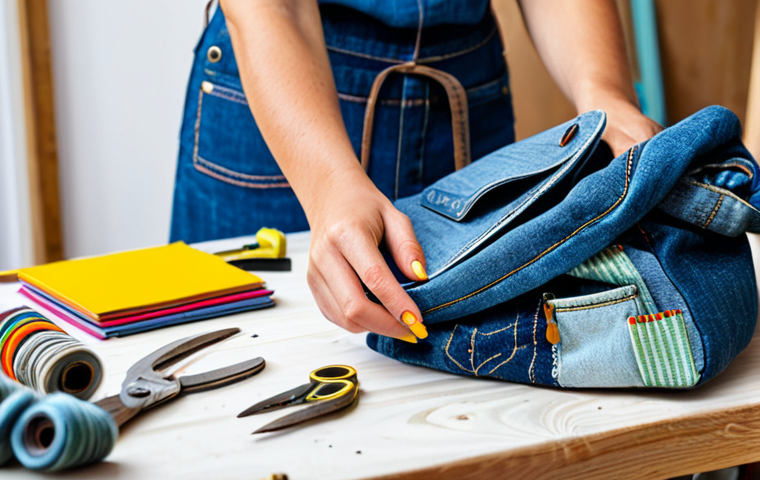 A focused female artisan, fully clothed in modest, comfortable work attire, meticulously working on an upcycling project in a brightly lit, organized home studio. She is transforming old denim fabric into a stylish, functional bag, with various colorful textile scraps and basic tools like scissors and a sewing machine visible on a clean wooden workbench. The setting highlights creativity and resourcefulness, showcasing the potential of discarded materials. The image features perfect anatomy, correct proportions, well-formed hands, proper finger count, and a natural pose. This is a professional, high-quality, safe for work, appropriate content, and family-friendly depiction of sustainable crafting.