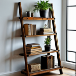 Upcycled Ladder Shelf**

"A rustic yet stylish shelving unit made from an old wooden ladder, fully clothed, used to display potted plants, books, and decorative items in a cozy living room setting, warm lighting, safe for work, appropriate content, modest display, perfect anatomy of any visible figures, natural proportions, professional interior photography, high quality."

**
