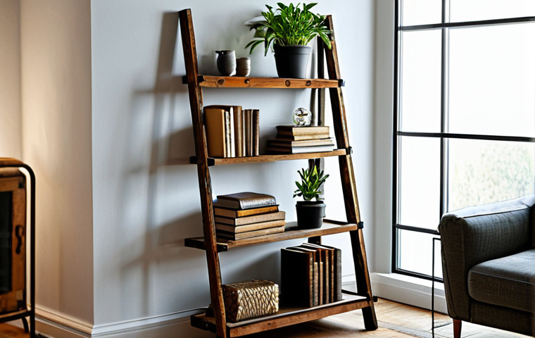 Upcycled Ladder Shelf**

"A rustic yet stylish shelving unit made from an old wooden ladder, fully clothed, used to display potted plants, books, and decorative items in a cozy living room setting, warm lighting, safe for work, appropriate content, modest display, perfect anatomy of any visible figures, natural proportions, professional interior photography, high quality."

**